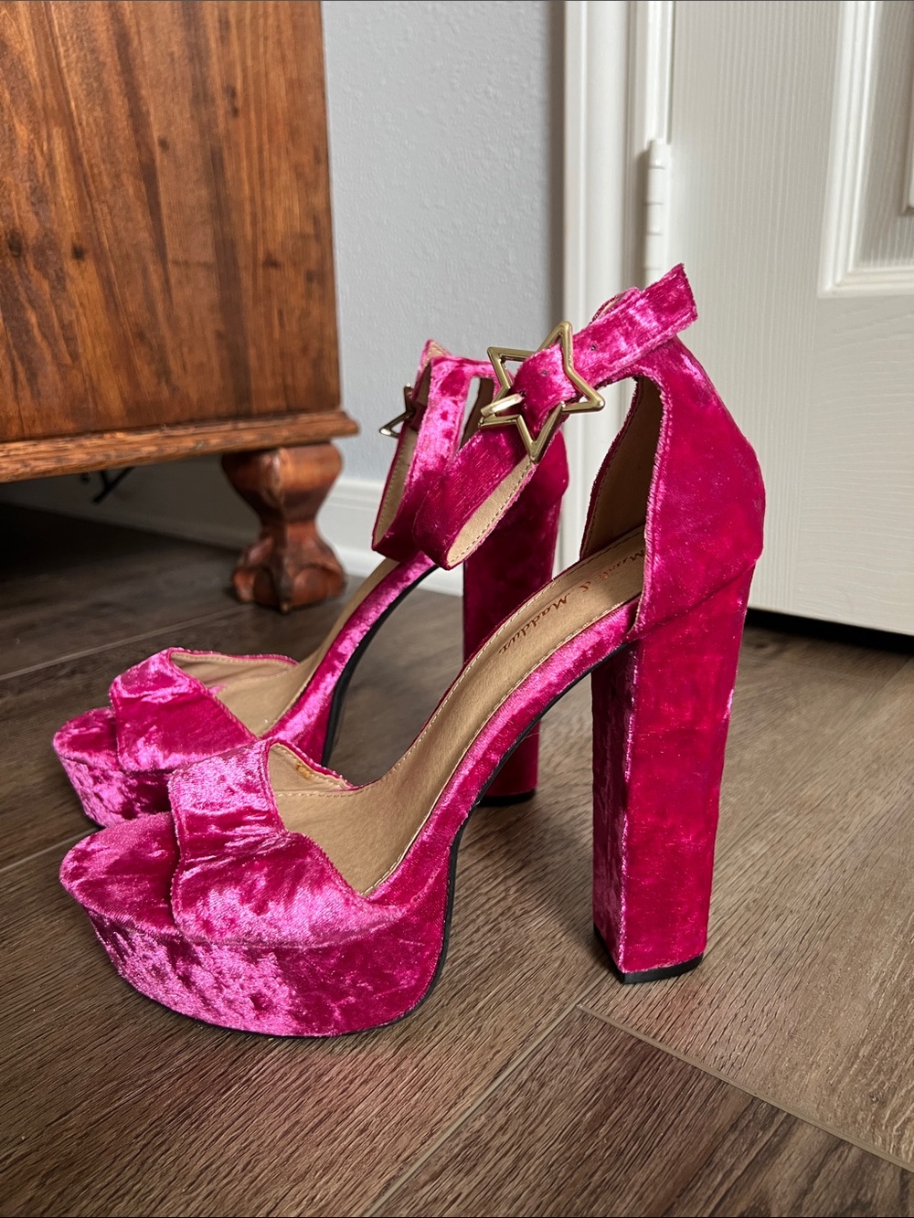 Velvet Platform Block Heel Sandals in Bright Pink